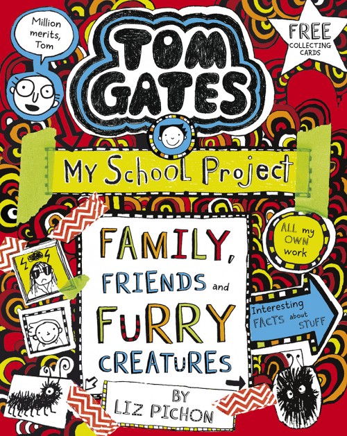 Tom Gates 'Family, friends and furry creatures' book cover in red with animal illustrations