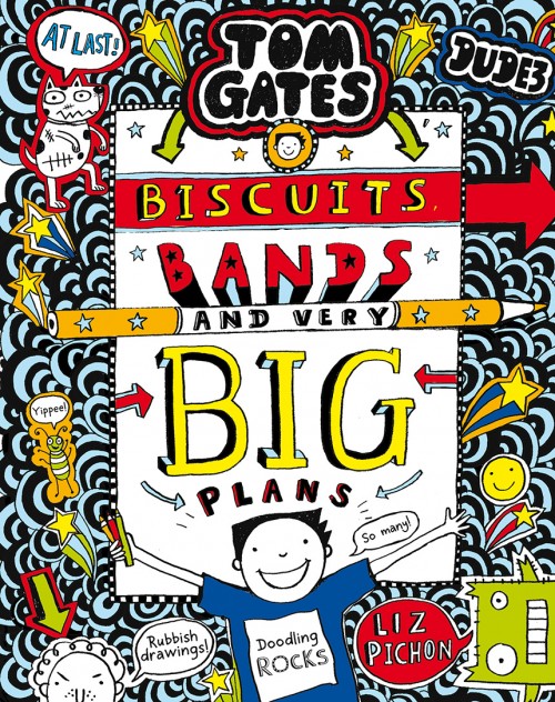 Tom Gates 'Biscuits bands' book cover with hand drawn pictures of kids and animals