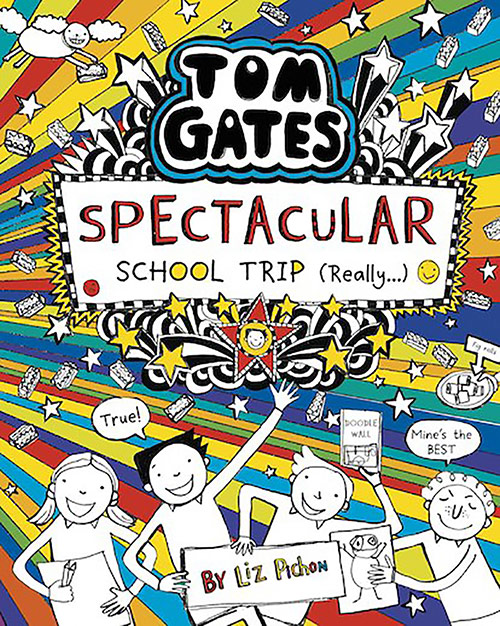 Tom Gates 'Spectacular school trip' book cover with hand drawn images of a family
