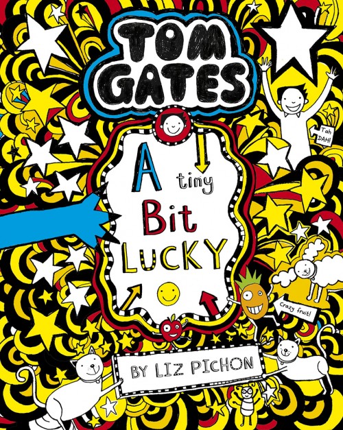 Tom Gates series. Book 7. 'A Tiny Bit Lucky' book cover in yellow with hand drawn illustrations