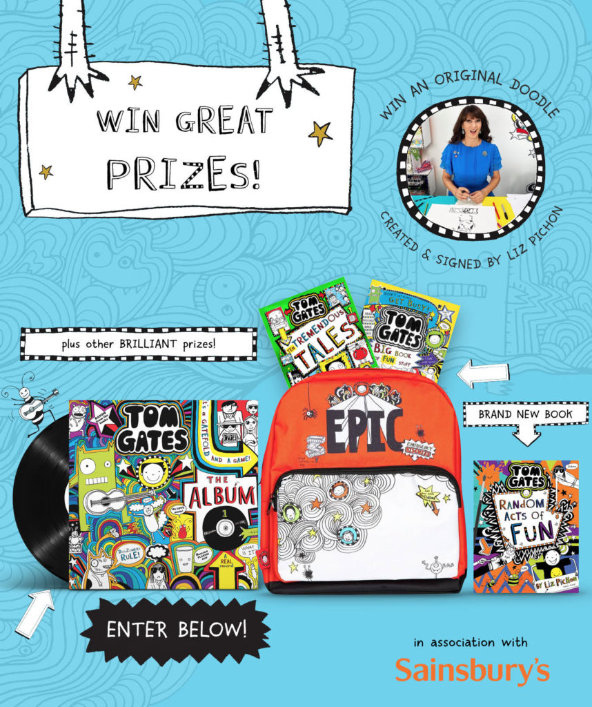 A light blue poster introduced by a banner held by Tom Gates-style monster hands stating, "Win Great Prizes!". To the right, there is a picture of Liz Pichon with wavy brown hair, wearing a blue dress, drawing a picture. Below are a collection of prizes to be won: Tom Gates: The Album on vinyl in a multicoloured square case; a red Tom Gates backpack with the word "EPIC" across the middle, and three Tom Gates books. The graphic is used to display the prizes in an eye-catching way to encourage visitors to our website to enter our Summer Doodle Competition.